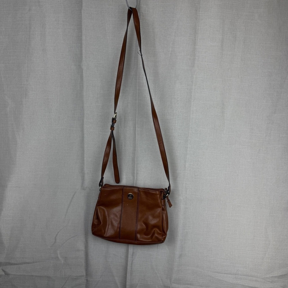 Liz‎ Claiborne Crossbody Bag Womens Small Brown Faux Leather Zip Pockets Strap